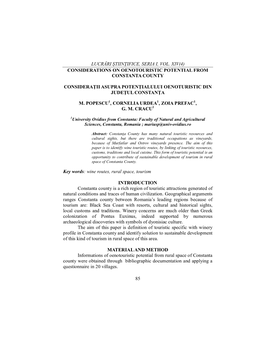 Lucrări Ştiin Ifice, Seria I, Vol. Xiv(4) 85 Considerations on Oenotouristic Potential from Constanta County Considera Ii Asup