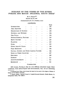 Ecology of the Fishes of the Rivers Pykara and Moyar (Nilgiris), South India*