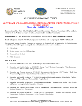 JOINT BOARD and GOVERNMENT RELATIONS COMMITTEE ONLINE and TELEPHONIC MEETING AGENDA Monday, July 20, 2020 @ 7:30 P.M