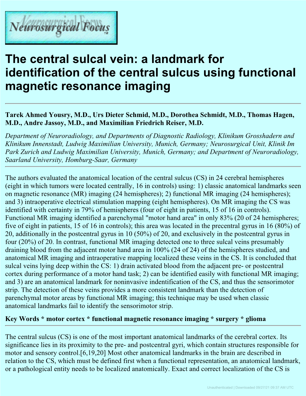 A Landmark for Identification of the Central Sulcus Using Functional Magnetic Resonance Imaging