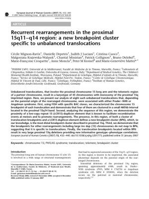 Recurrent Rearrangements in the Proximal 15Q11–Q14 Region: a New Breakpoint Cluster Specific to Unbalanced Translocations