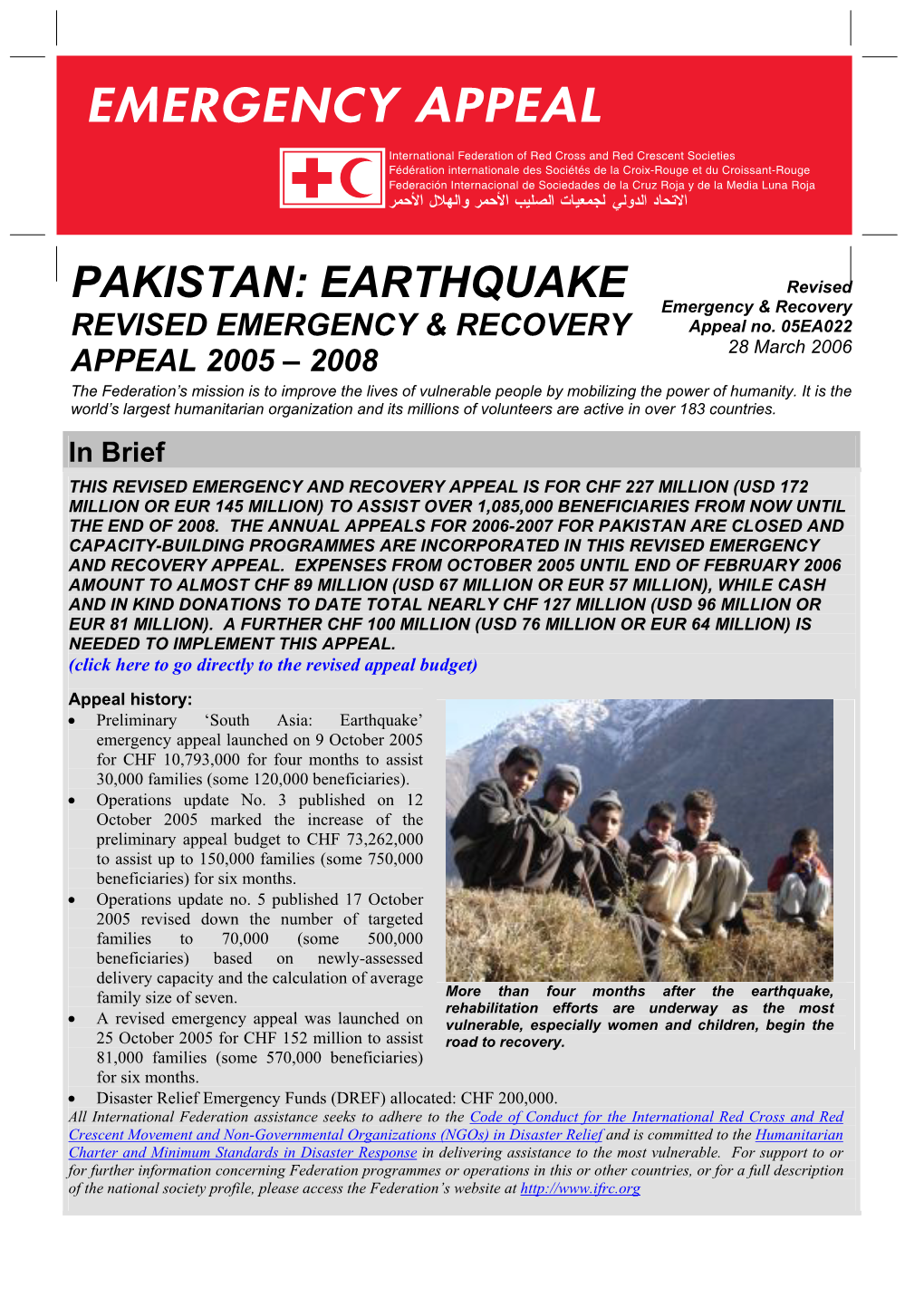 PAKISTAN: EARTHQUAKE Revised Emergency & Recovery REVISED EMERGENCY & RECOVERY Appeal No