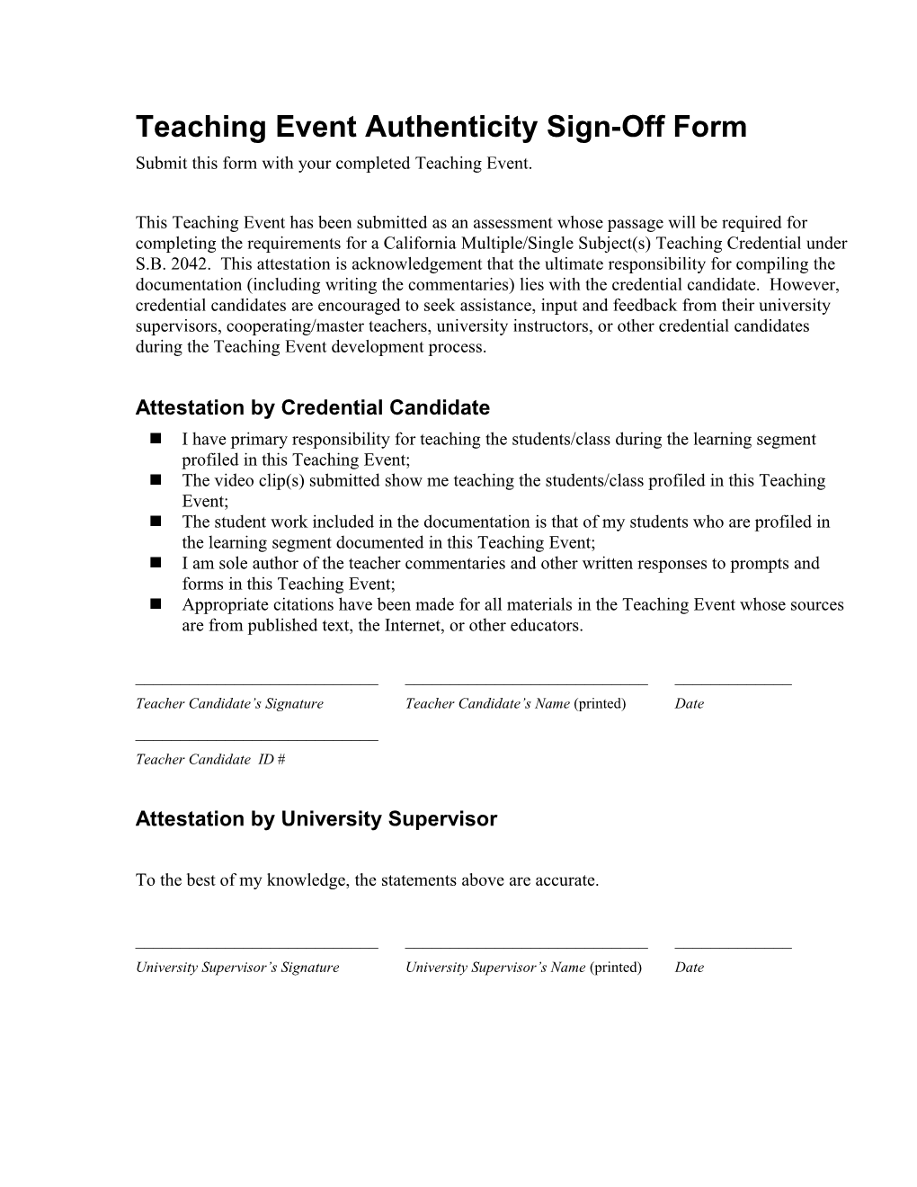 Teaching Event Authenticity Sign-Off Form