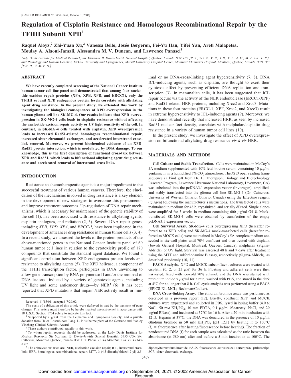 Regulation of Cisplatin Resistance and Homologous Recombinational Repair by the TFIIH Subunit XPD1