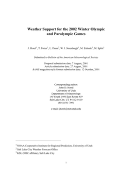 Weather Support for the 2002 Winter Olympic and Paralympic Games