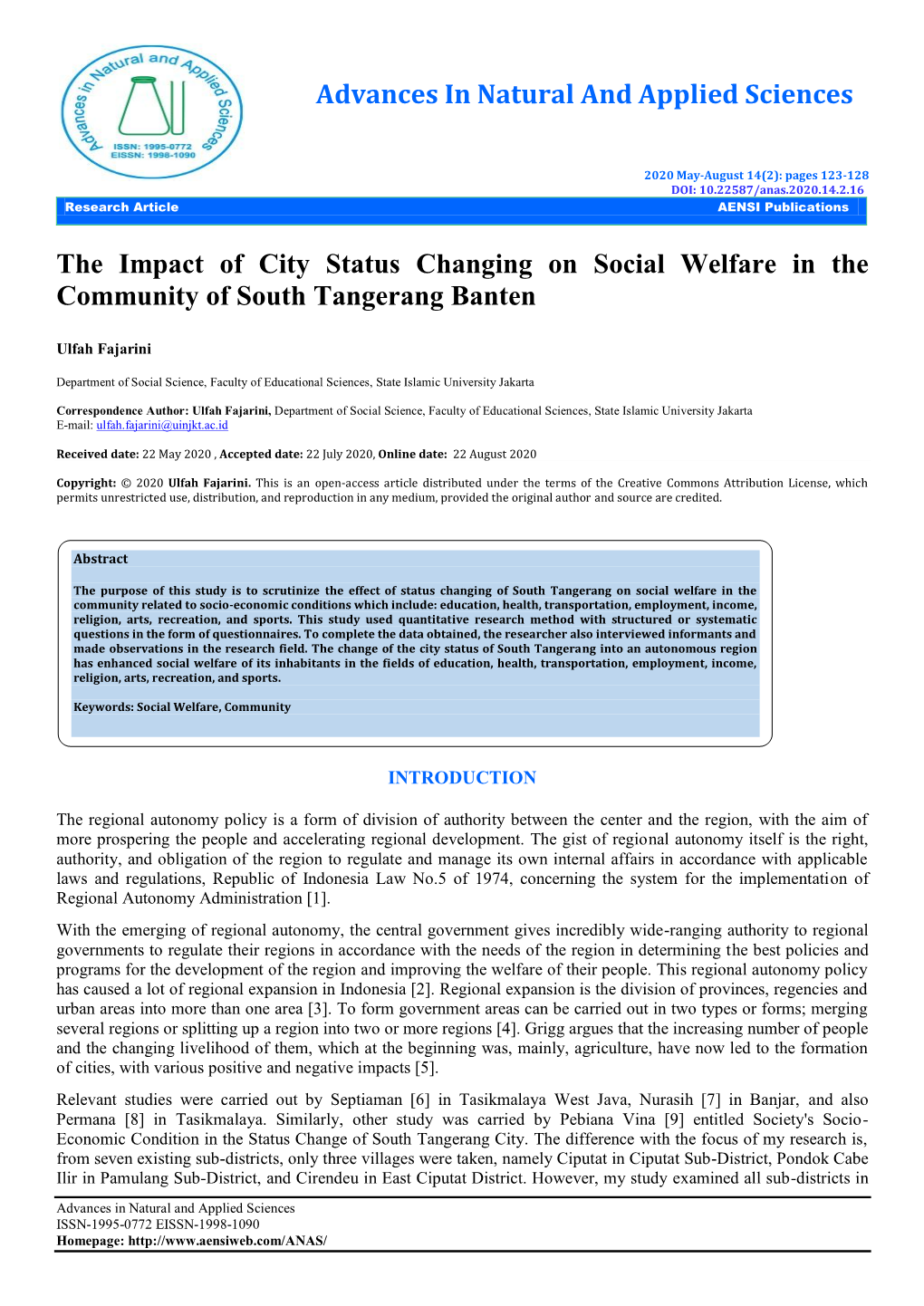 Advances in Natural and Applied Sciences the Impact of City Status Changing on Social Welfare in the Community of South Tangeran