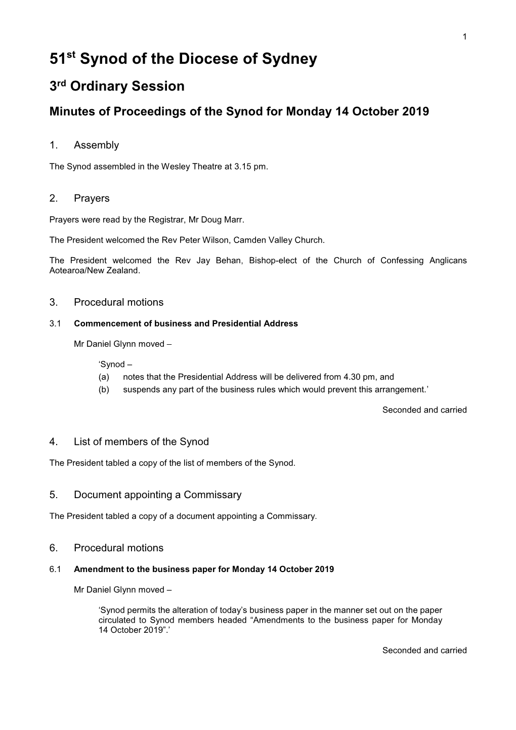 2019 Synod Minutes (3Rd Session of the 51St Synod)
