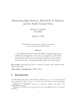 Alternating Sign Matrices, Related (0,1)-Matrices, and the Smith