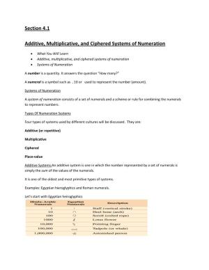 Section 4.1 Additive, Multiplicative, and Ciphered Systems of Numeration