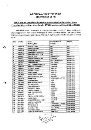 AIRPORTS AUTHORITY of INDIA DEPARTMENT of HR List Of