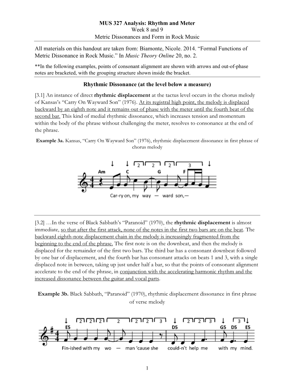 MUS 327 Analysis: Rhythm and Meter Week 8 and 9 Metric Dissonances and Form in Rock Music