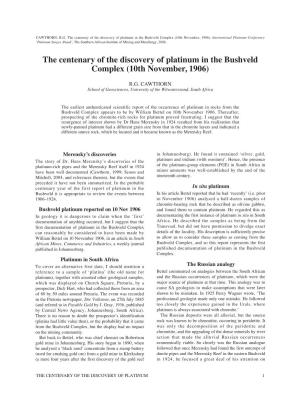 The Centenary of the Discovery of Platinum in the Bushveld Complex (10Th November, 1906)