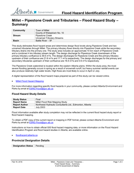 Millet – Pipestone Creek and Tributaries – Flood Hazard Study – Summary