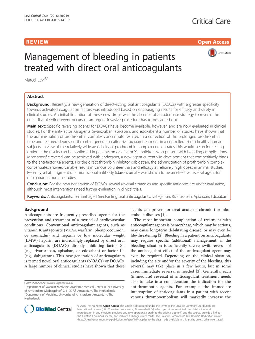 Management of Bleeding in Patients Treated with Direct Oral Anticoagulants Marcel Levi1,2