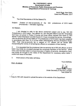 No. 11037/02/2017- AIS-III Government of India Ministry of Personnel, Public Grievances and Pensions (Department of Personnel & Training)
