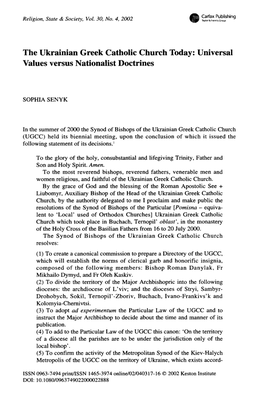 The Ukrainian Greek Catholic Church Today: Universal Values Versus Nationalist Doctrines