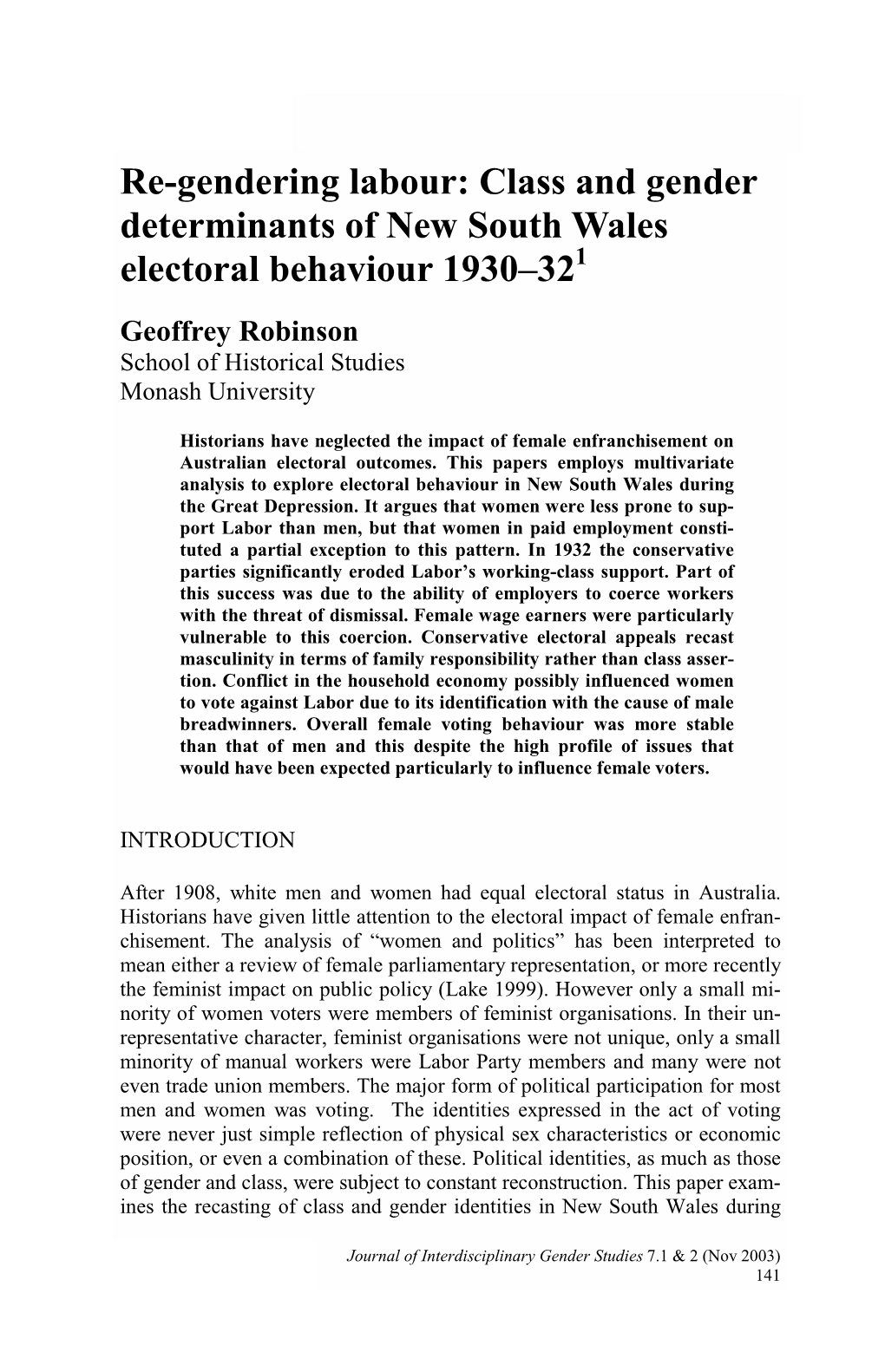 Class and Gender Determinants of New South Wales Electoral Behaviour 1930–321