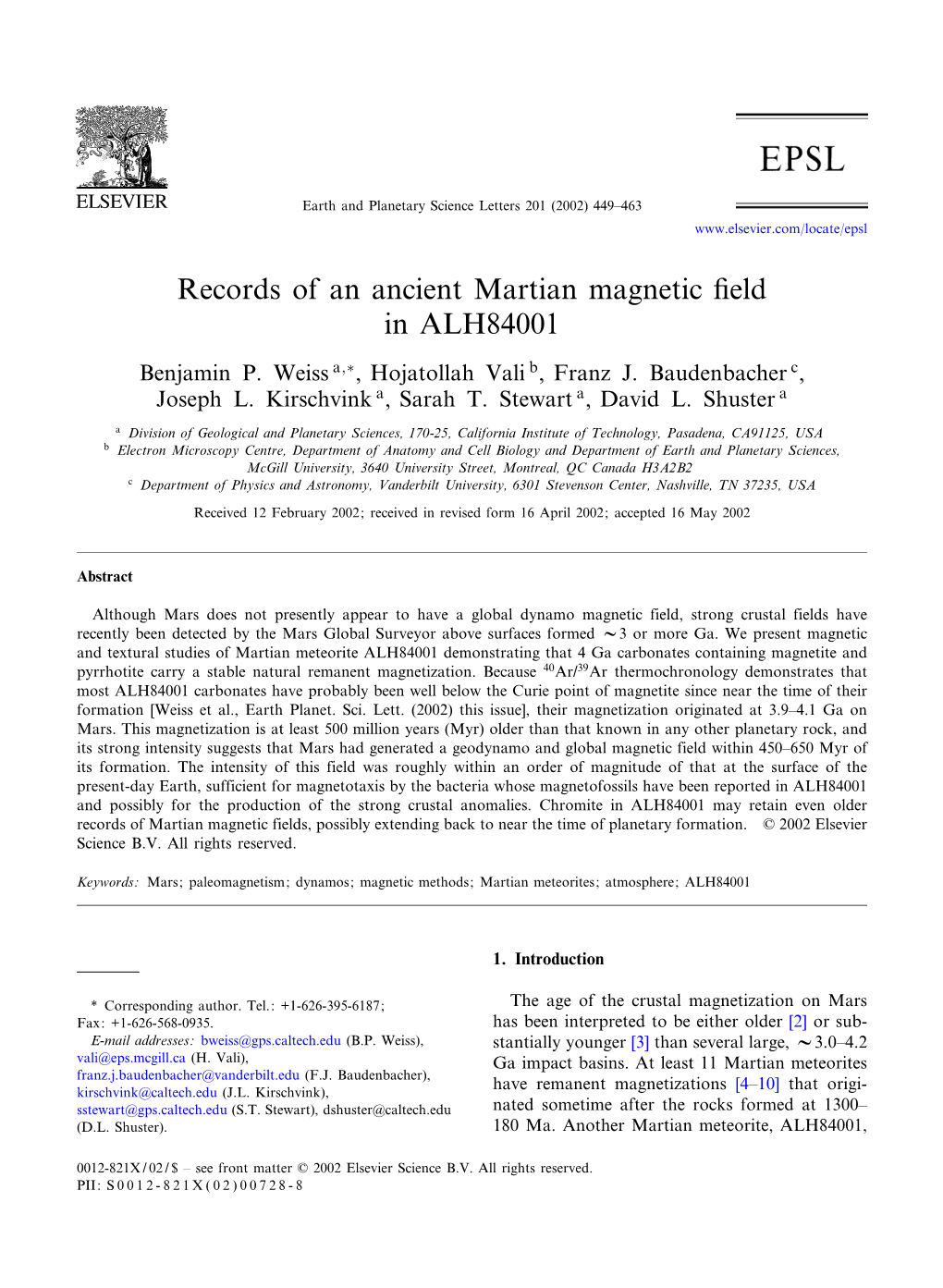Records of an Ancient Martian Magnetic ¢Eld in ALH84001