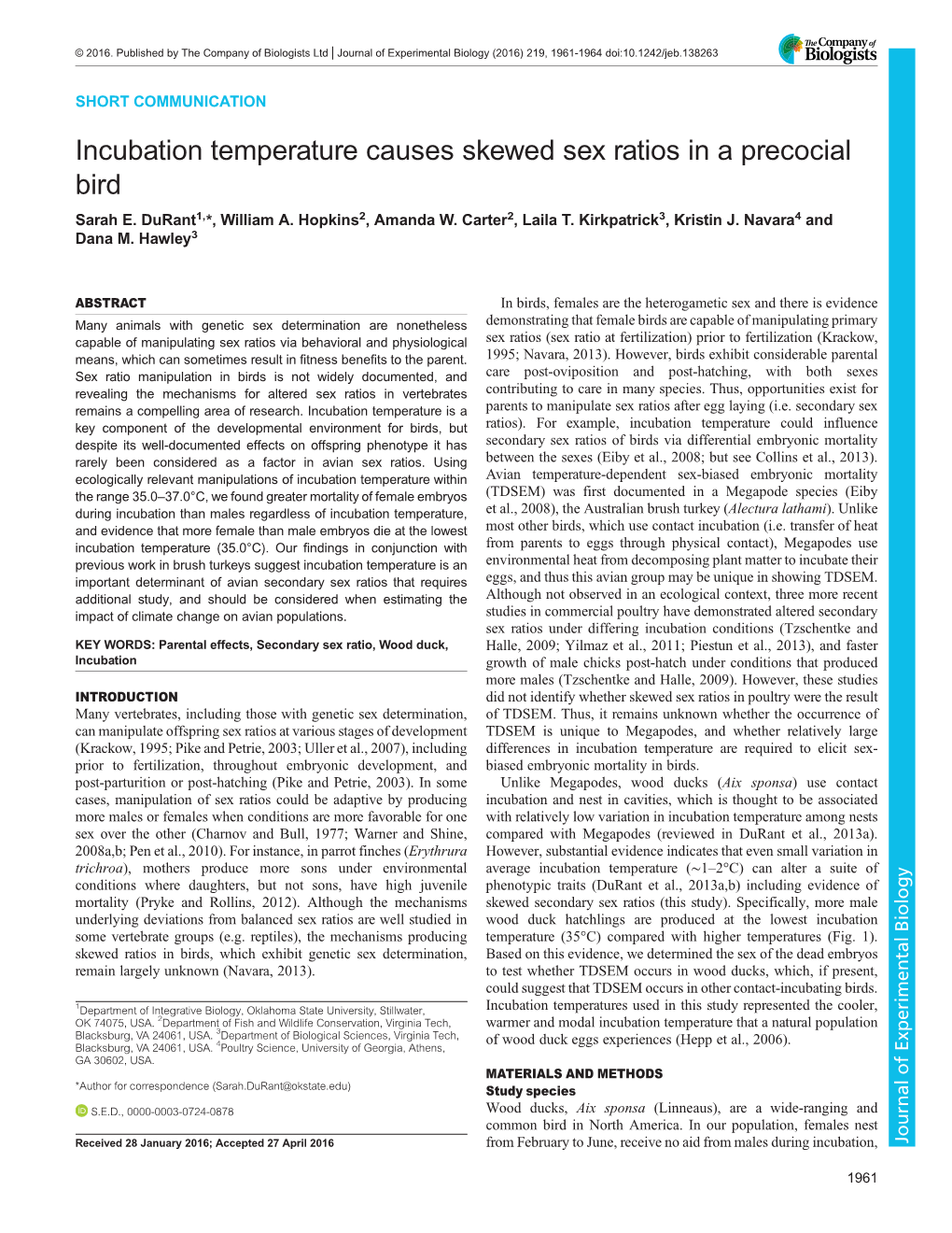 Incubation Temperature Causes Skewed Sex Ratios in a Precocial Bird Sarah E