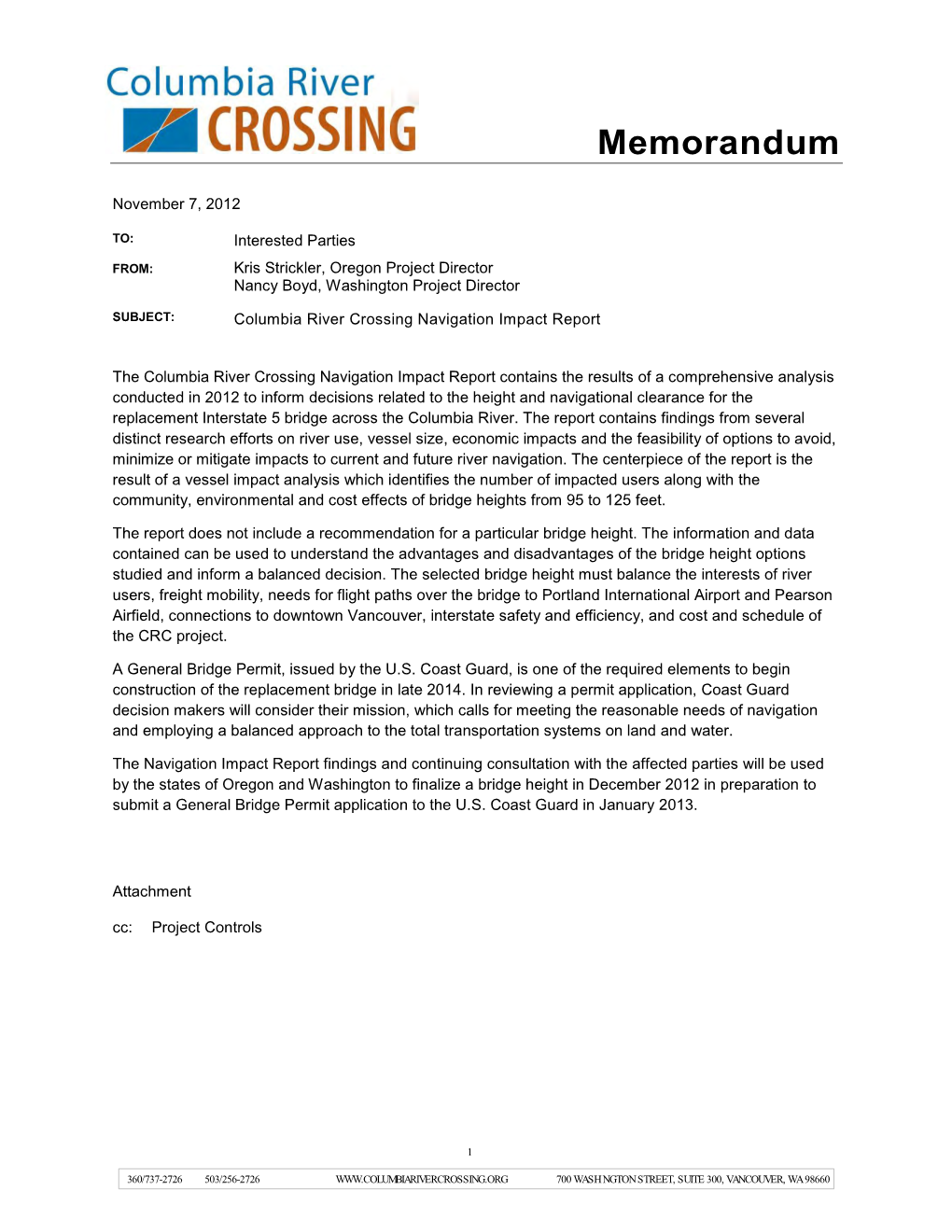 Interstate 5 Columbia River Crossing Navigation Impact Report