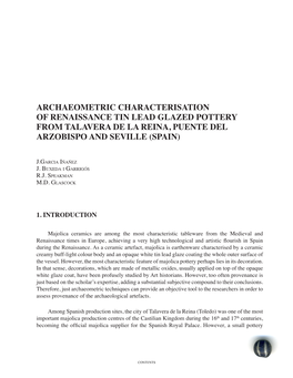 Archaeometric Characterisation of Renaissance Tin Lead Glazed Pottery from Talavera De La Reina, Puente Del Arzobispo and Seville (Spain)