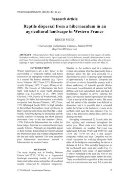 Reptile Dispersal from a Hibernaculum in an Agricultural Landscape in Western France