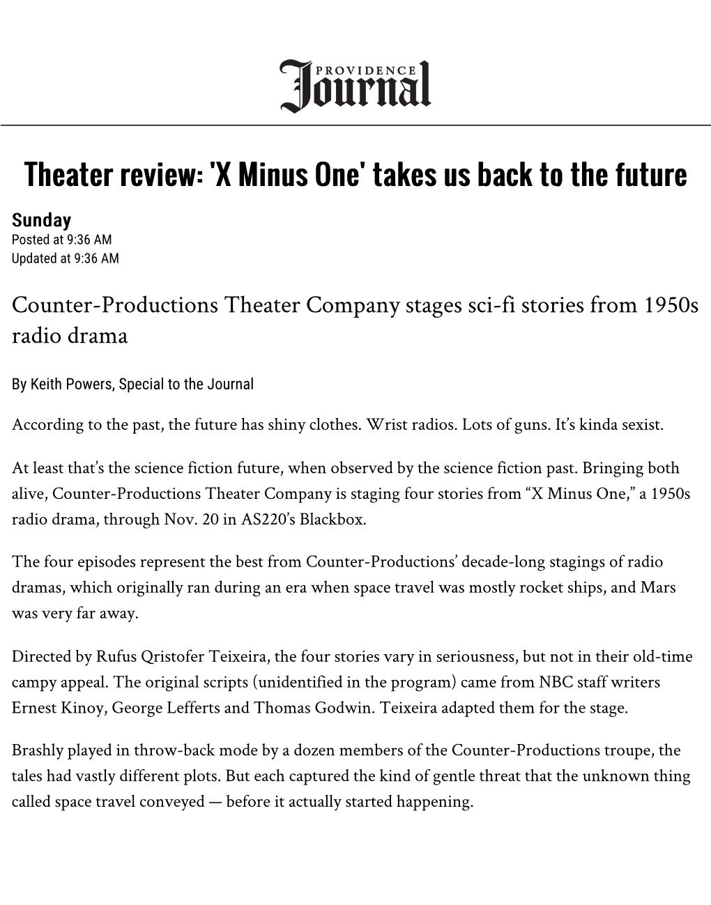 Theater Review: 'X Minus One' Takes Us Back to the Future Sunday Posted at 9:36 AM Updated at 9:36 AM