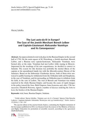 The Last Auto-Da-Fé in Europe? the Case of the Jewish Merchant Boroch Leibov and Captain-Lieutenant Aleksander Voznitsyn and Its Consequences*