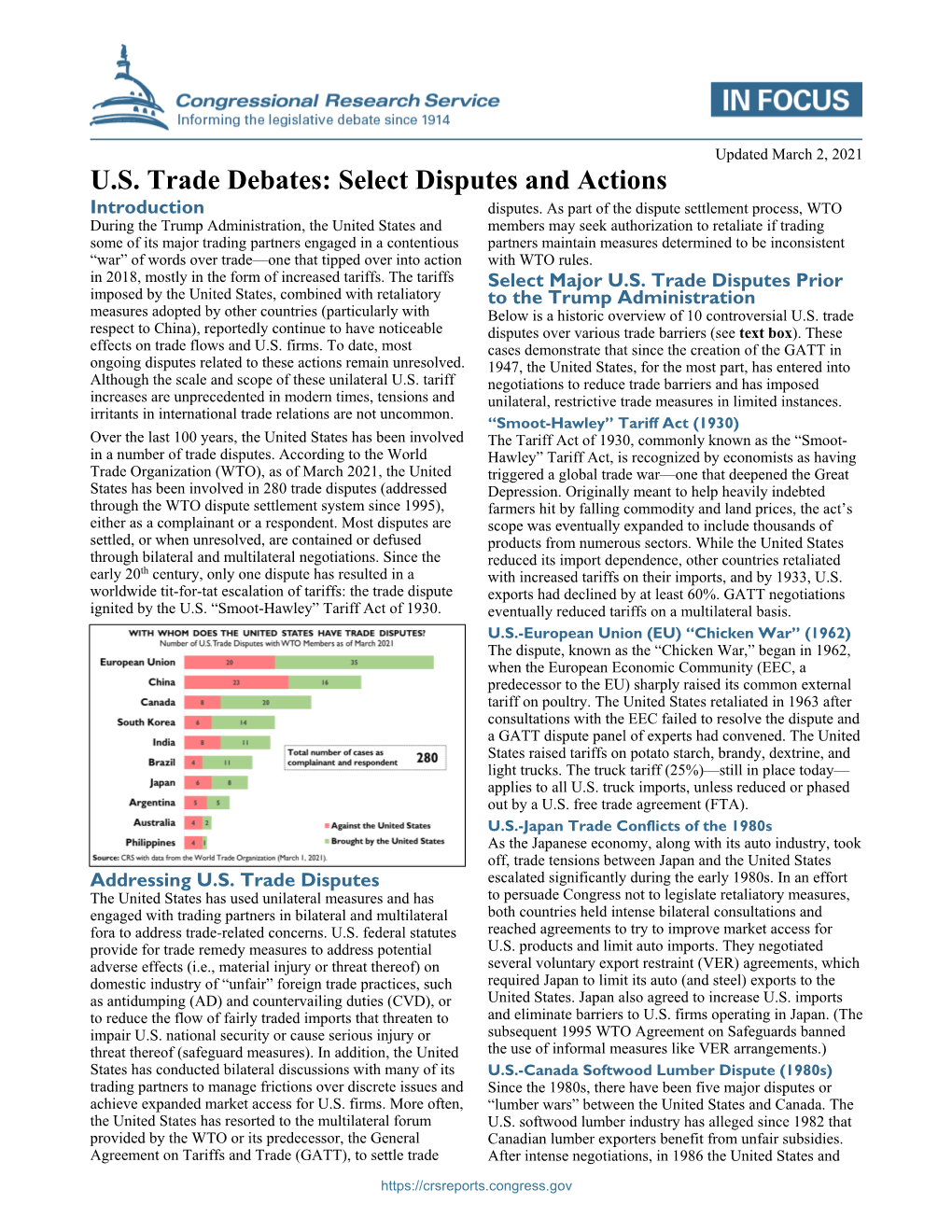 U.S. Trade Debates: Select Disputes and Actions Introduction Disputes