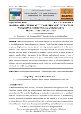 IN-VITRO ANTIBACTERIAL ACTIVITY of ETHANOLIC EXTRACTS of HEMIDESMUS INDICUS and SIMAROUBA GLAUCA Mamatha A1*, Nidhi Girish2*, Jobi Xavier2 1