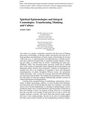 Spiritual Epistemologies and Integral Cosmologies: Transforming Thinking and Culture