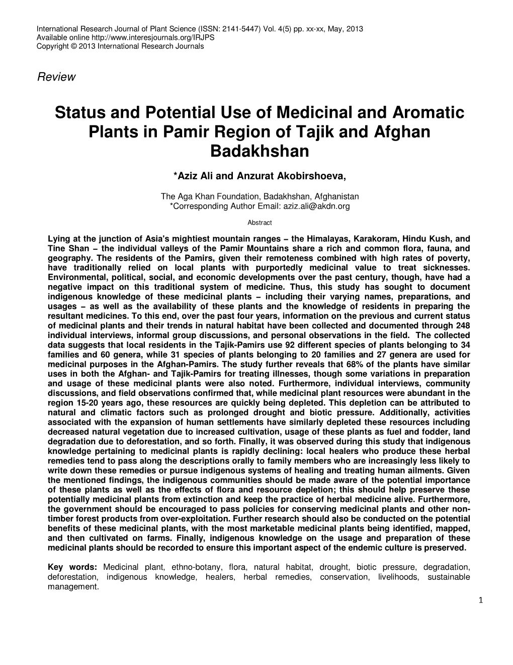 Status and Potential Use of Medicinal and Aromatic Plants in Pamir Region of Tajik and Afghan Badakhshan