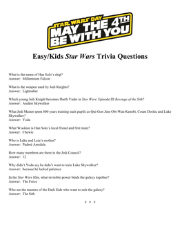 Easy/Kids Star Wars Trivia Questions