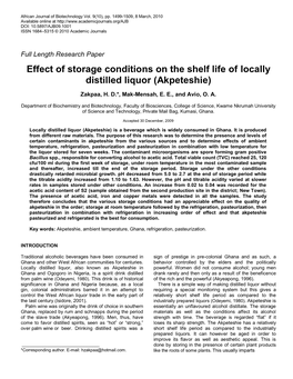 Process Characteristics and Shelf Life Study of Locally Distilled Liquor (Akpeteshie)