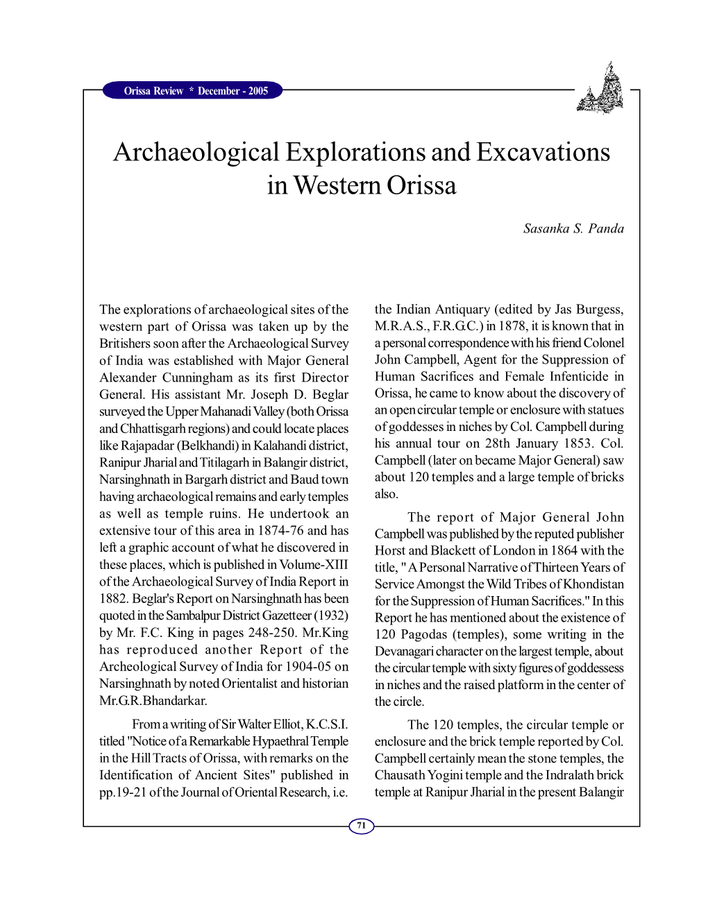 Archaeological Explorations and Excavations in Western Orissa