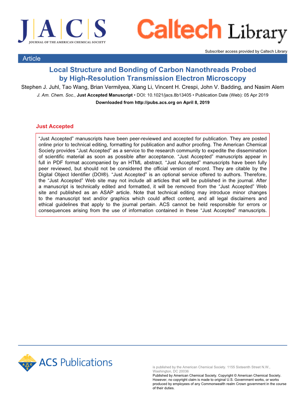 Local Structure and Bonding of Carbon Nanothreads Probed by High-Resolution Transmission Electron Microscopy Stephen J