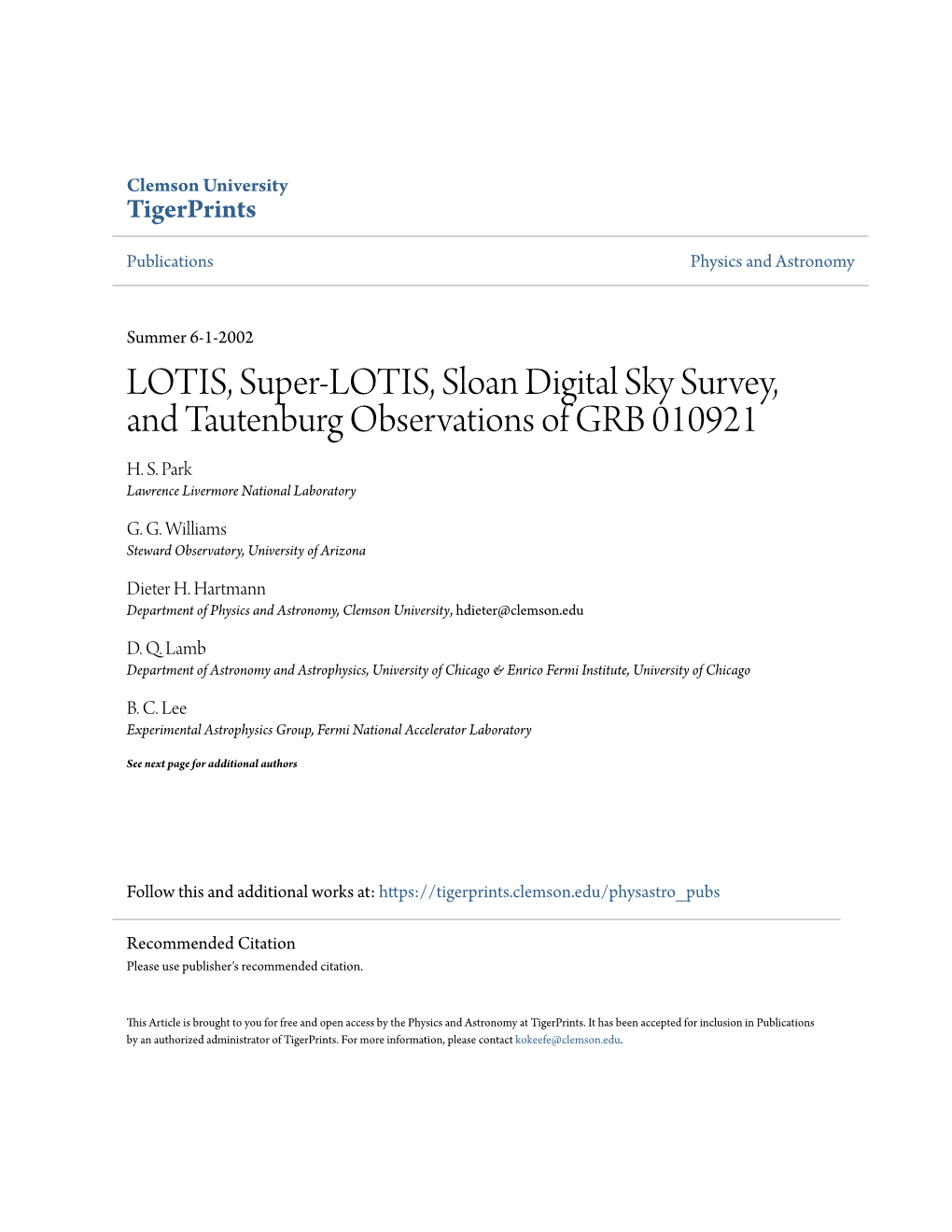 LOTIS, Super-LOTIS, Sloan Digital Sky Survey, and Tautenburg Observations of GRB 010921 H