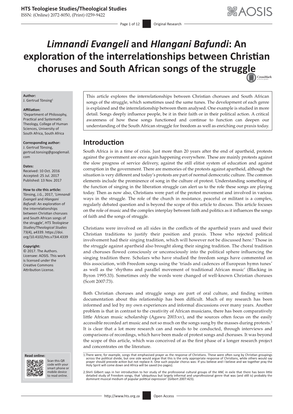 An Exploration of the Interrelationships Between Christian Choruses and South African Songs of the Struggle