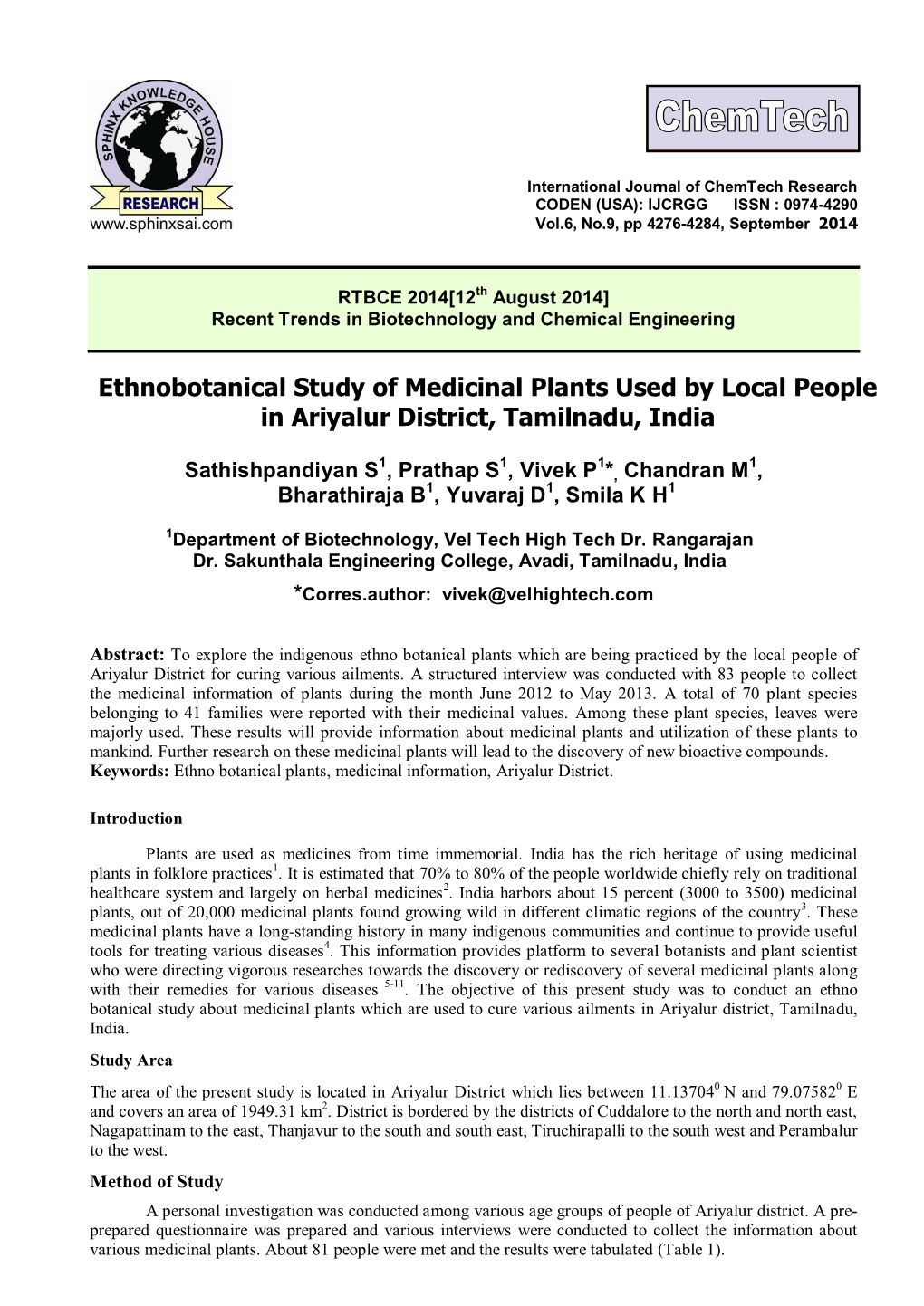 Ethnobotanical Study of Medicinal Plants Used by Local People in Ariyalur District, Tamilnadu, India