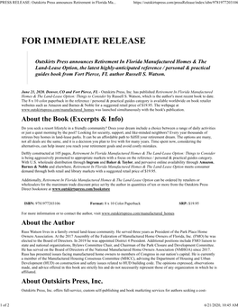 PRESS RELEASE: Outskirts Press Announces Retirement in Florida Manufactured Homes & the Land-Lease Option