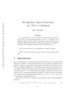 On Algebraic Values of Function Exp (2Ni X+ Log Log Y)