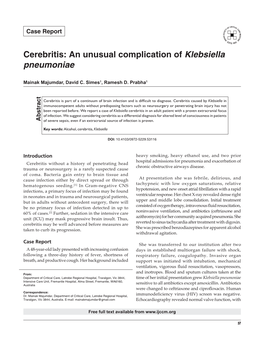 Cerebritis: an Unusual Complication of Klebsiella Pneumoniae