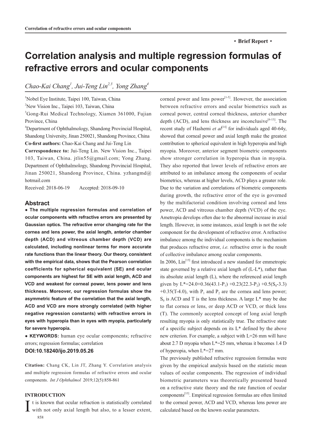 Correlation Analysis and Multiple Regression Formulas of Refractive Errors and Ocular Components