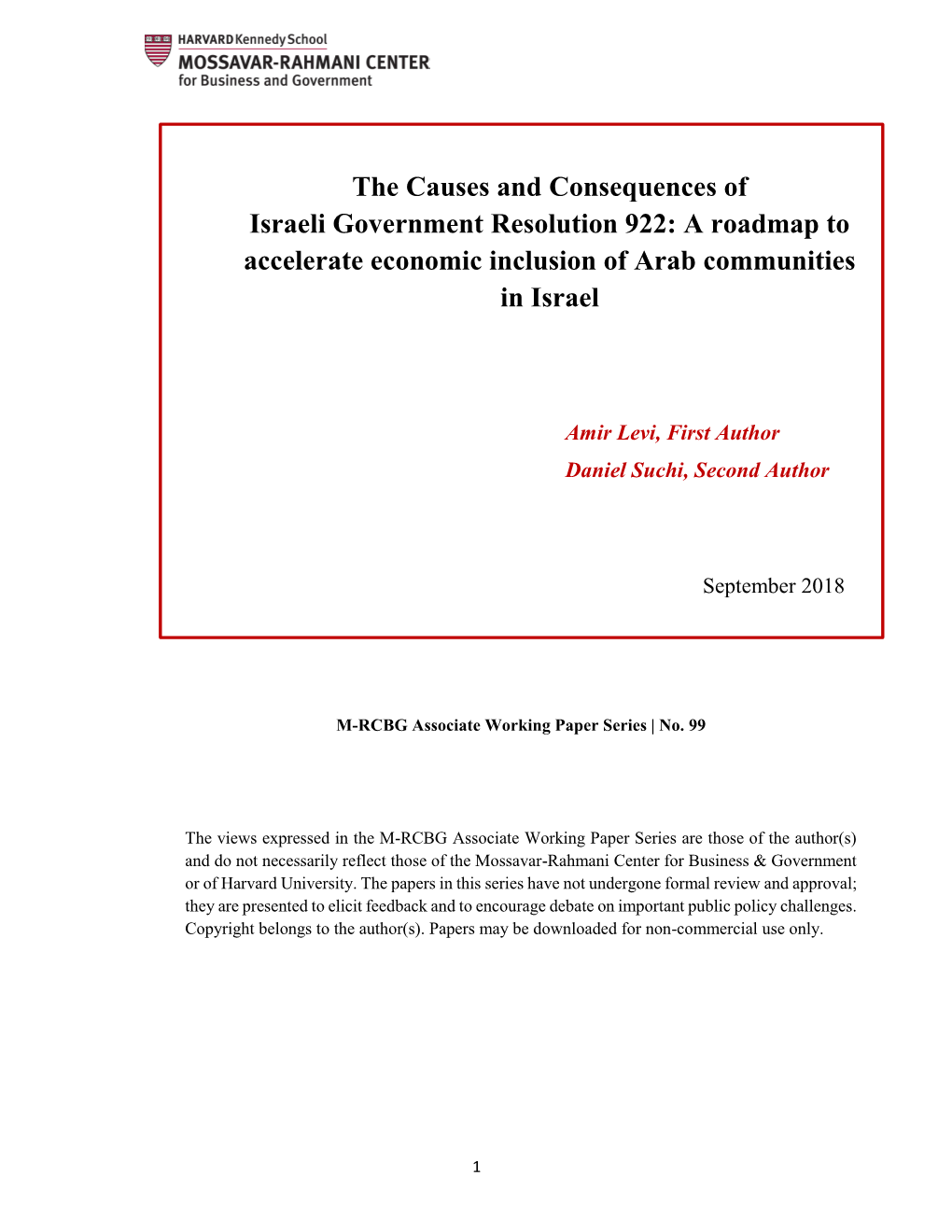 The Causes and Consequences of Israeli Government Resolution 922: a Roadmap to Accelerate Economic Inclusion of Arab Communities in Israel