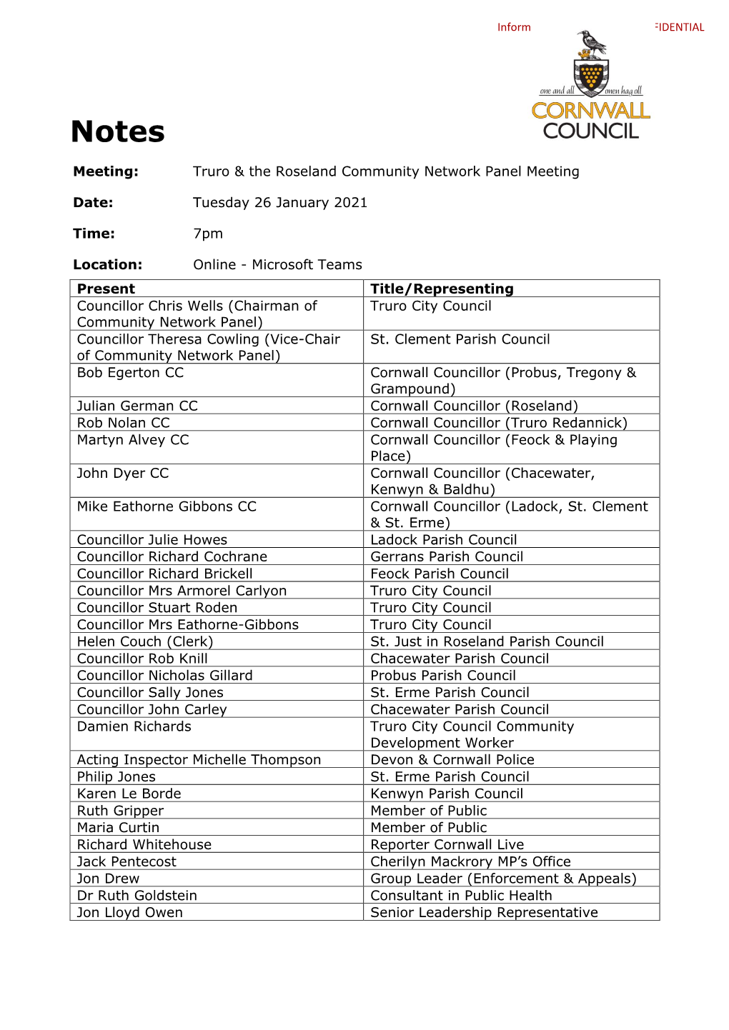 Truro Roseland Community Network Panel Meeting Notes 26 January 21