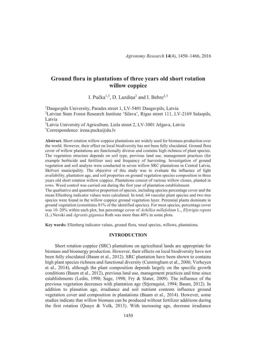 Ground Flora in Plantations of Three Years Old Short Rotation Willow Coppice