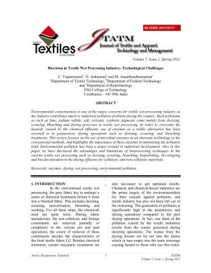 Biovision in Textile Wet Processing Industry- Technological Challenges
