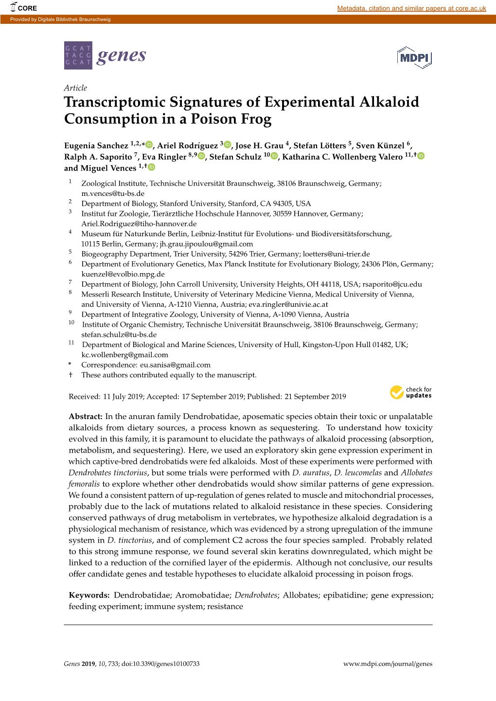 Transcriptomic Signatures of Experimental Alkaloid Consumption in a Poison Frog