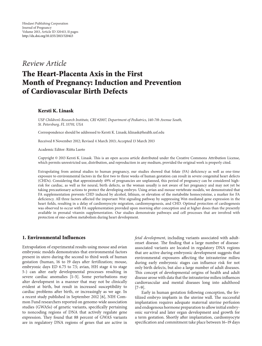 Review Article the Heart-Placenta Axis in the First Month of Pregnancy: Induction and Prevention of Cardiovascular Birth Defects