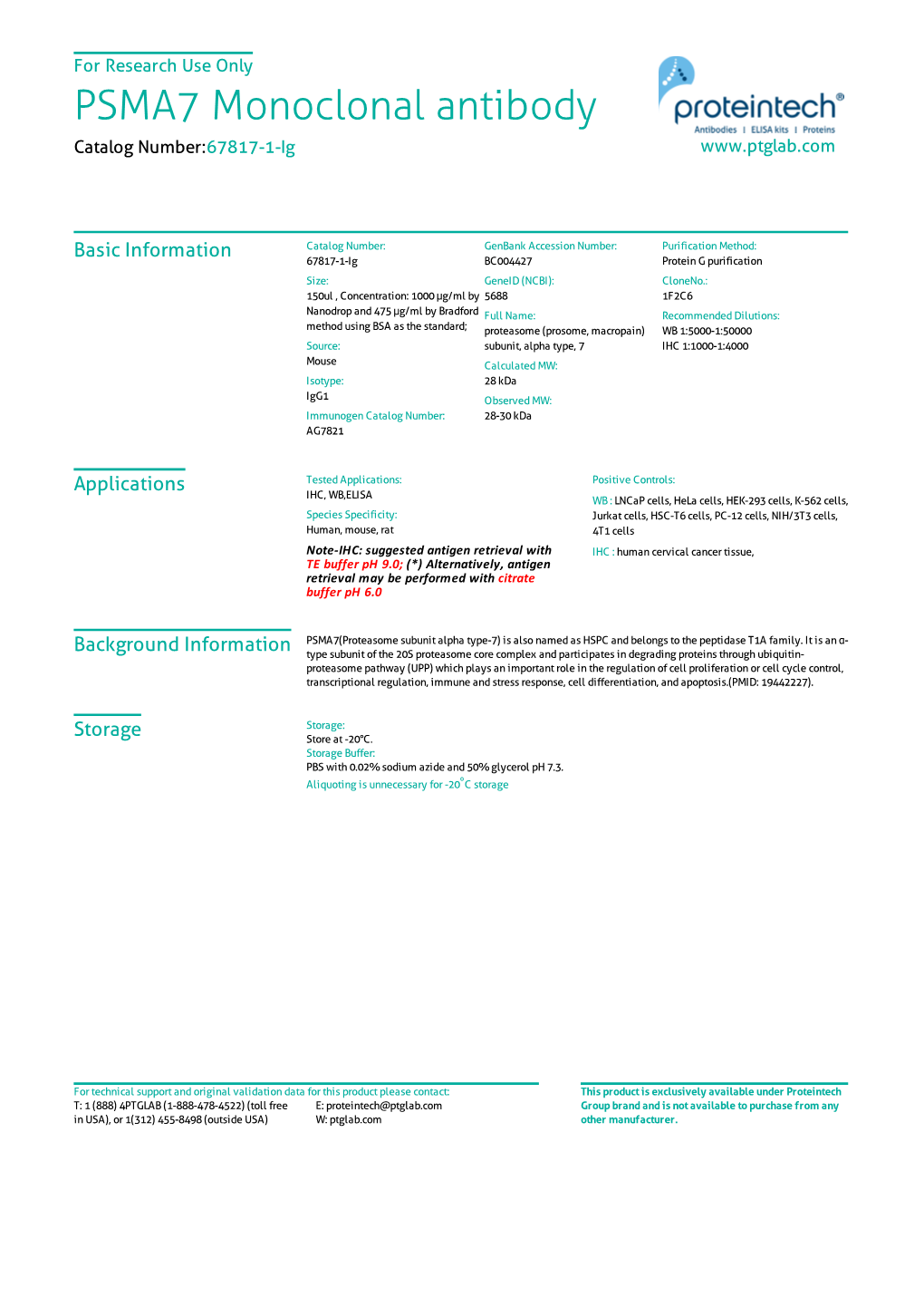 PSMA7 Monoclonal Antibody Catalog Number:67817-1-Ig